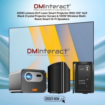 DMInteract 4000 Lumens DLP Laser Smart Projector With 120" ALR Black Crystal Projector Screen & 100W Wireless Multi-Room Smart Hi-Fi Speakers