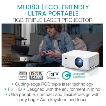 Optoma ML1080 1200 Lumens Eco-Friendly Ultra-Portable RGB Triple Laser Projector